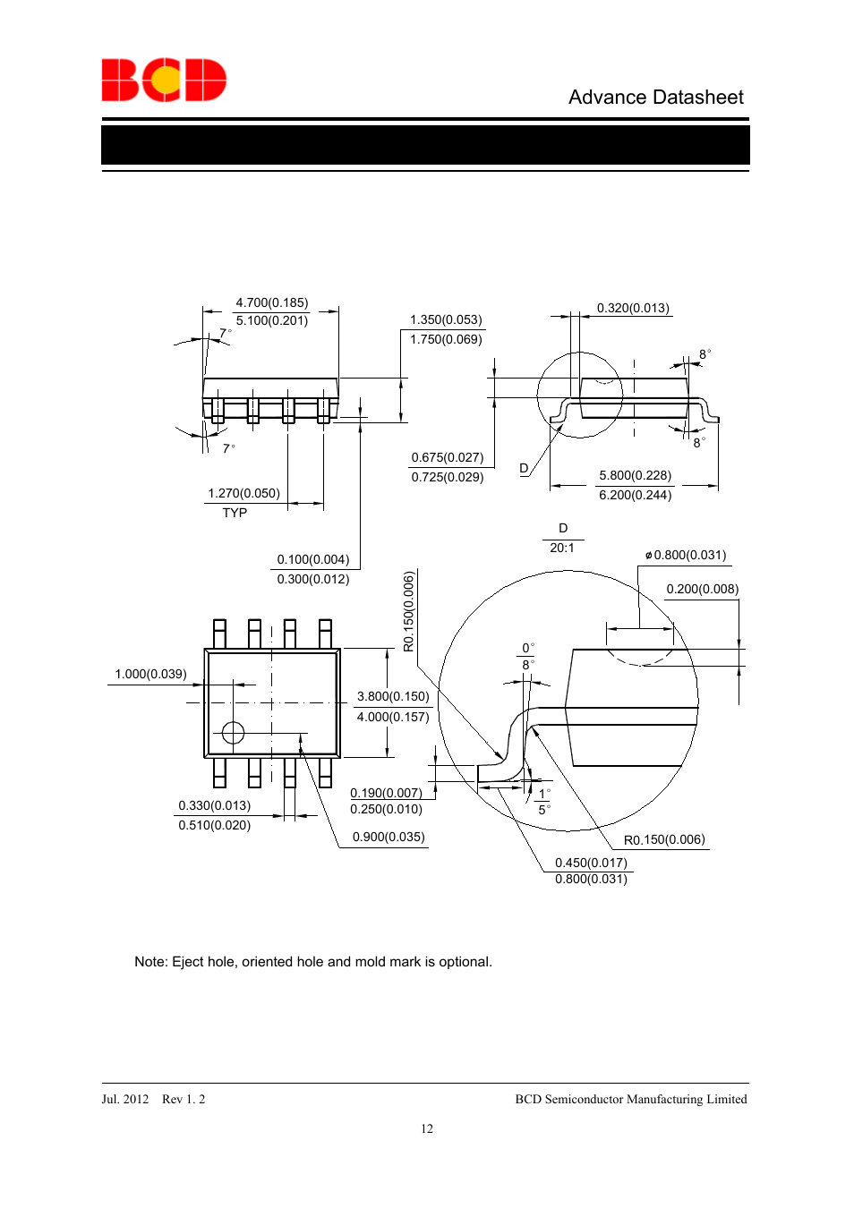 Advance datasheet, Mechanical dimensions soic-8 unit: mm(inch) | Diodes AP2810 User Manual | Page 12 / 14