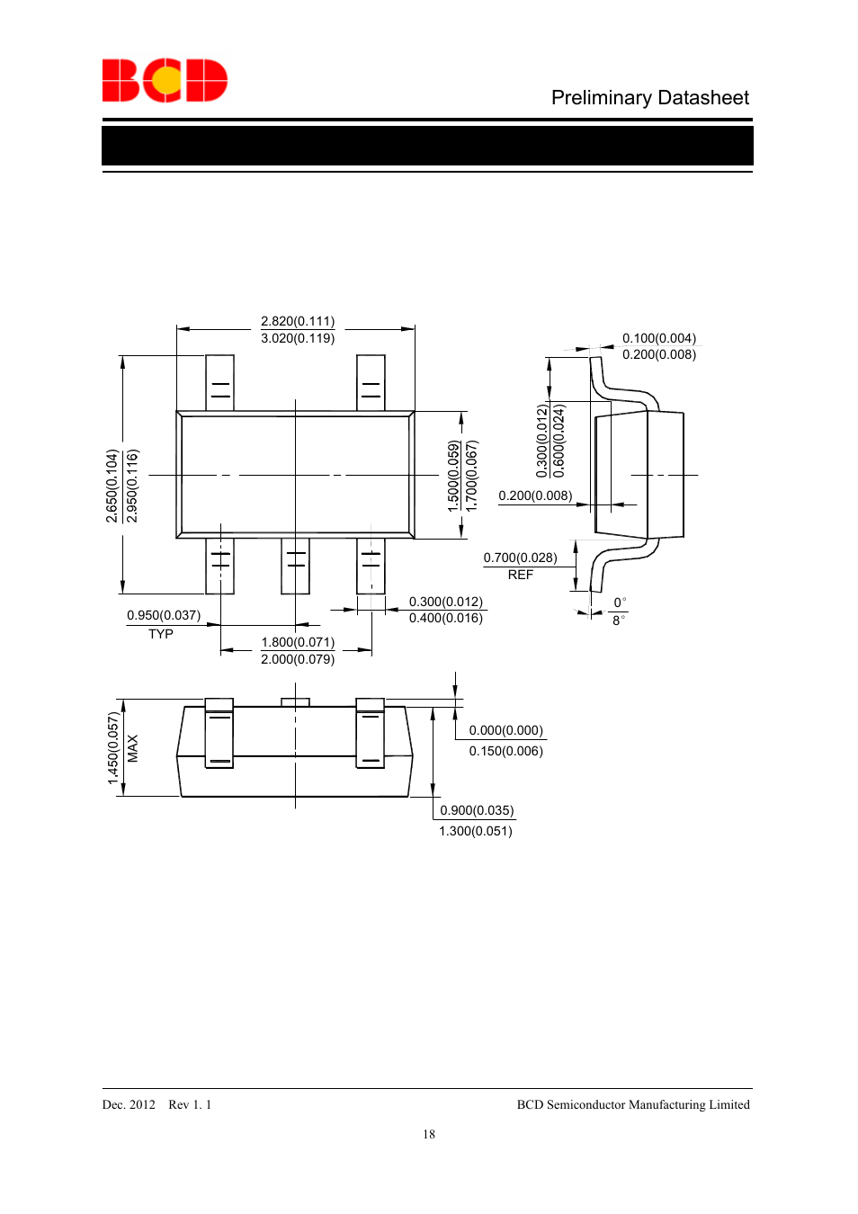 Preliminary datasheet, Mechanical dimensions sot-23-5 unit: mm(inch) | Diodes AP2822 User Manual | Page 18 / 19