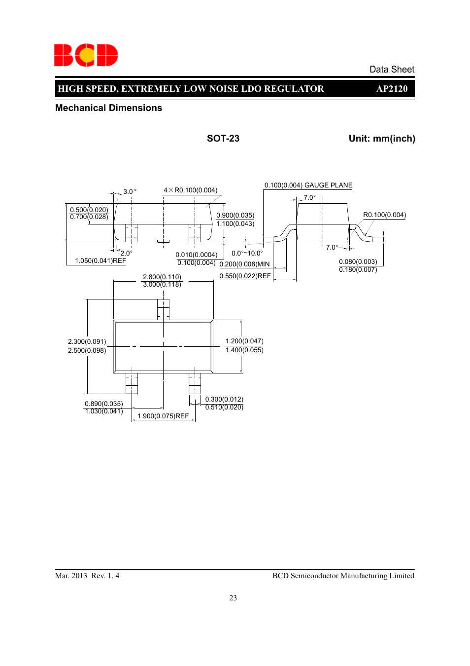 Mechanical dimensions sot-23 unit: mm(inch) | Diodes AP2120 User Manual | Page 23 / 27