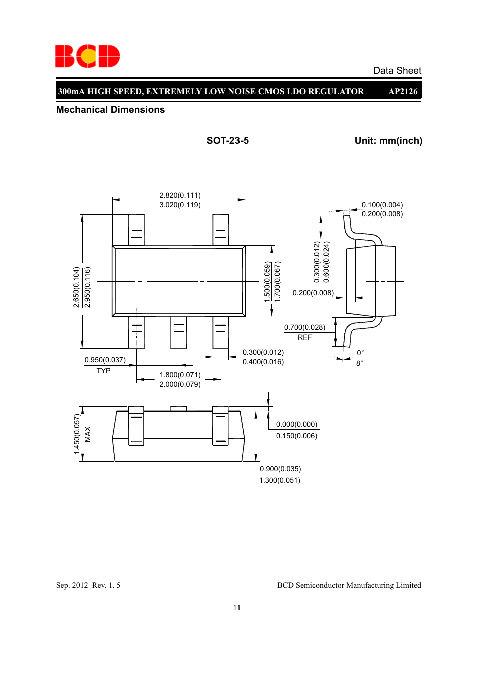 Data sheet, Mechanical dimensions sot-23-5 unit: mm(inch) | Diodes AP2126 User Manual | Page 11 / 12