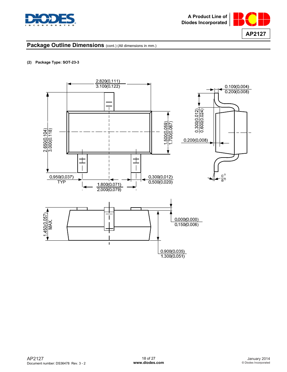 Ap2127, Package outline dimensions | Diodes AP2127 User Manual | Page 18 / 27