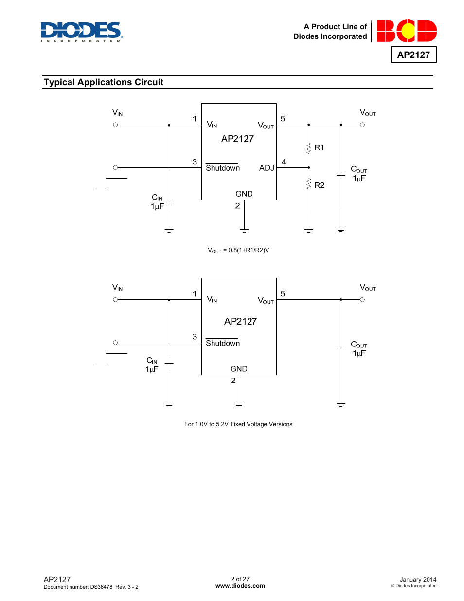 Ap2127, Typical applications circuit | Diodes AP2127 User Manual | Page 2 / 27