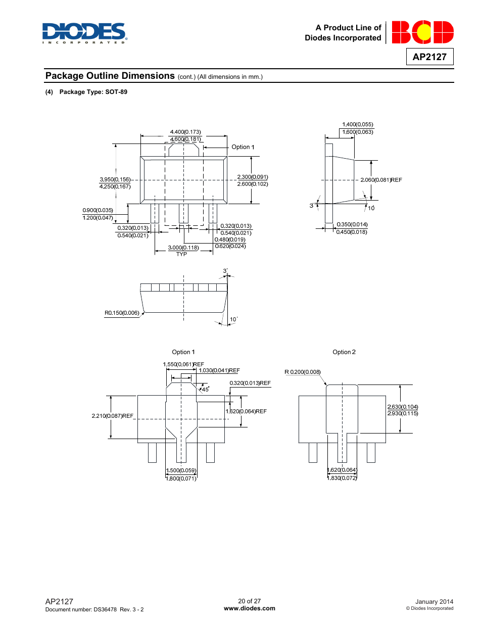 Ap2127, Package outline dimensions | Diodes AP2127 User Manual | Page 20 / 27