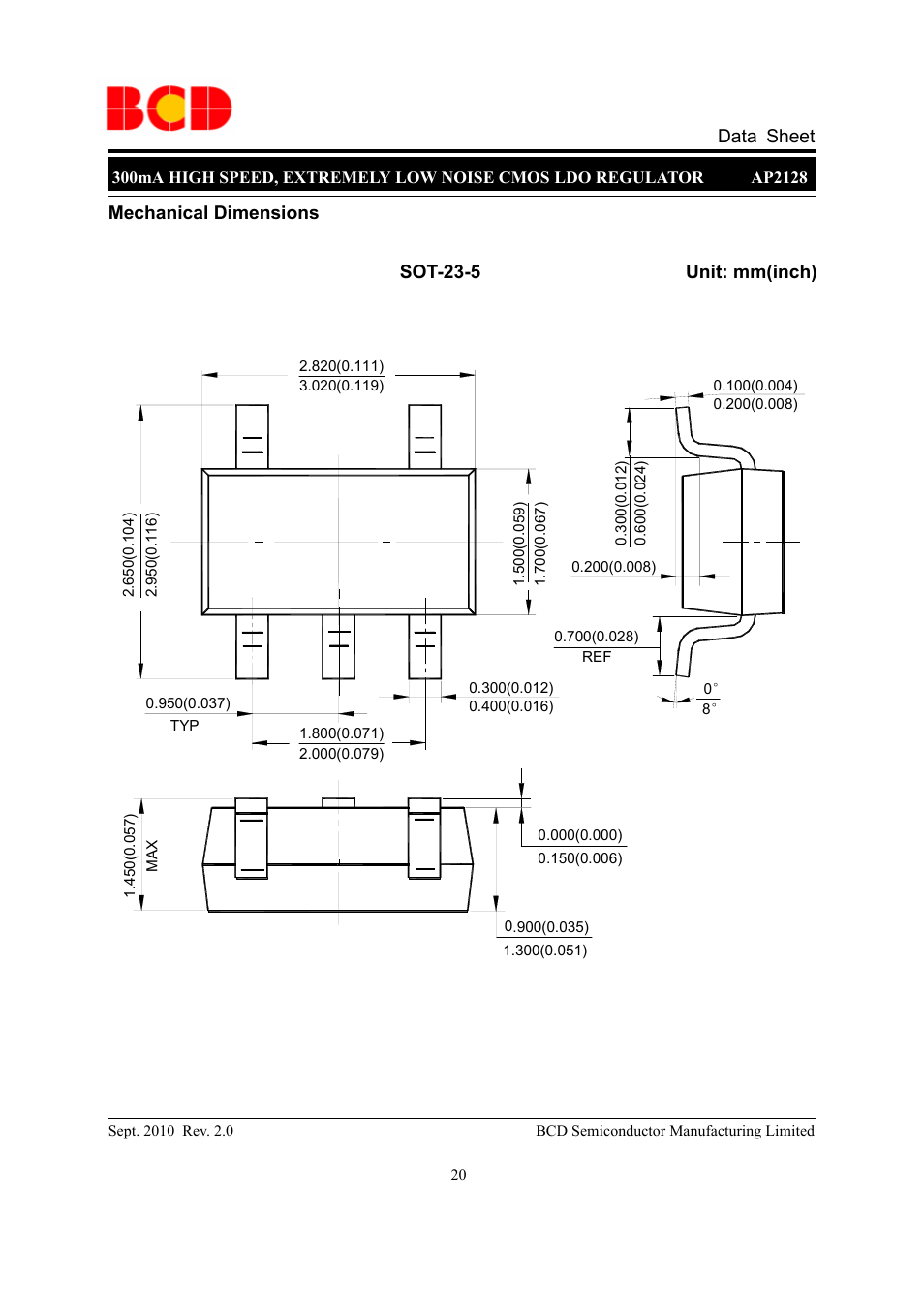 Data sheet, Mechanical dimensions sot-23-5 unit: mm(inch) | Diodes AP2128 User Manual | Page 20 / 21
