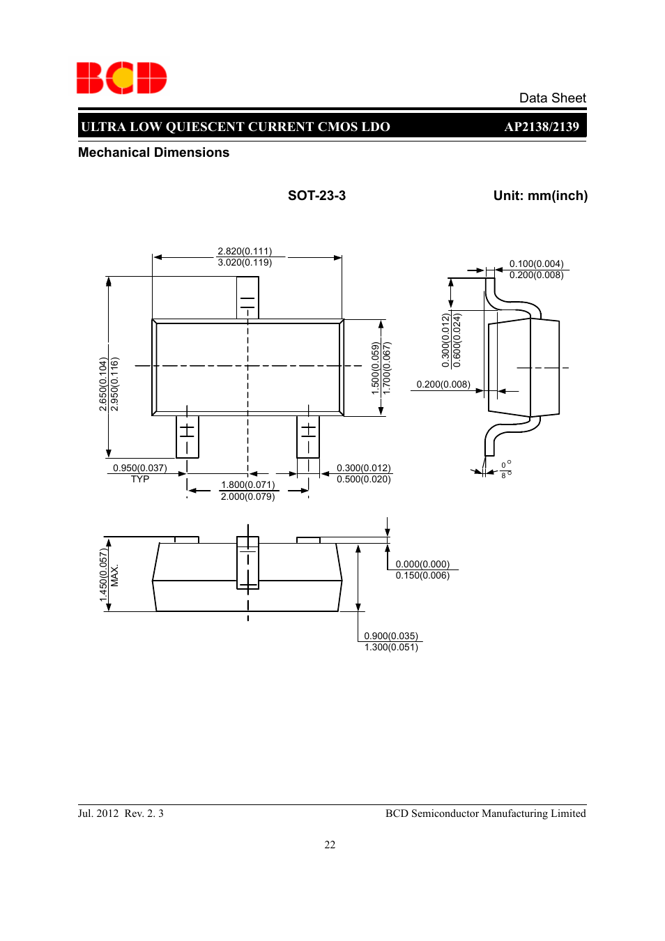 Mechanical dimensions sot-23-3 unit: mm(inch) | Diodes AP2138/2139 User Manual | Page 22 / 25