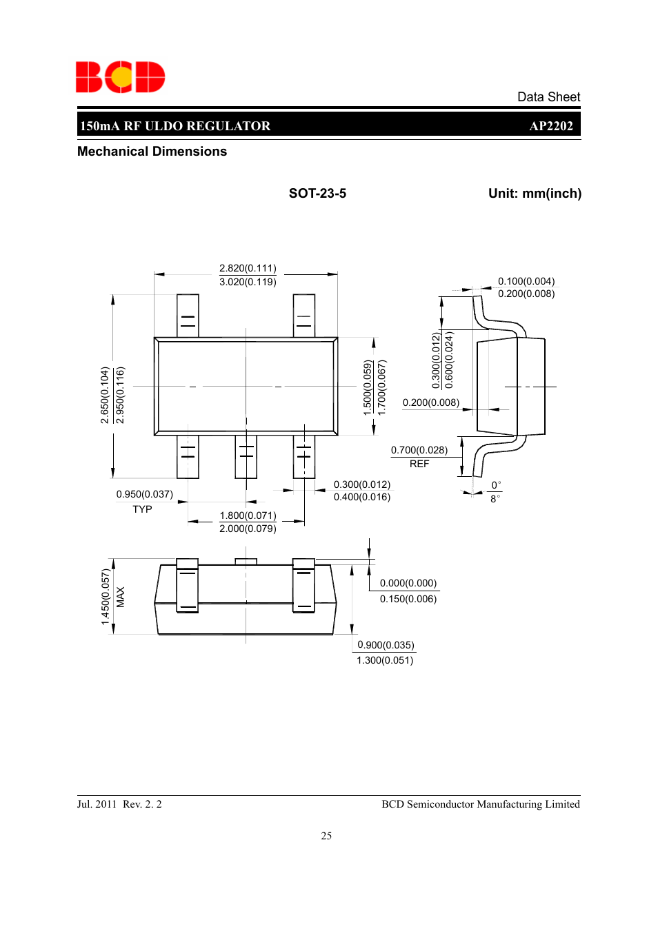 Mechanical dimensions sot-23-5 unit: mm(inch) | Diodes AP2202 User Manual | Page 25 / 27