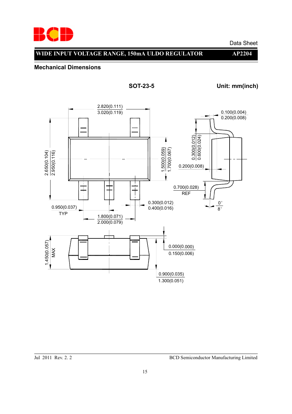 Data sheet, Mechanical dimensions sot-23-5 unit: mm(inch) | Diodes AP2204 User Manual | Page 15 / 18