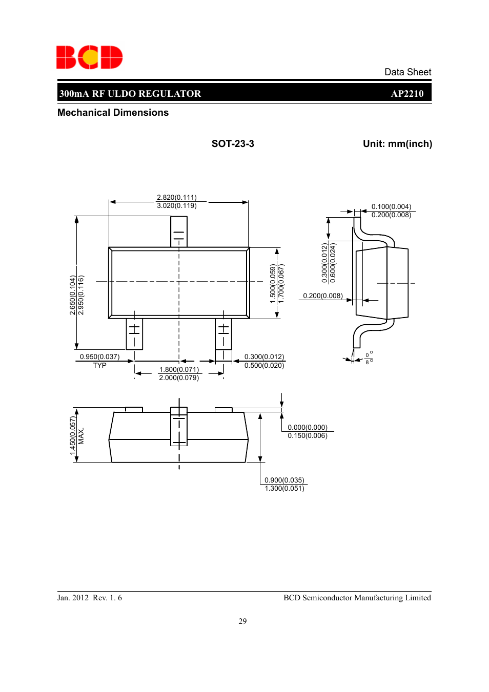 Mechanical dimensions sot-23-3 unit: mm(inch) | Diodes AP2210 User Manual | Page 29 / 31