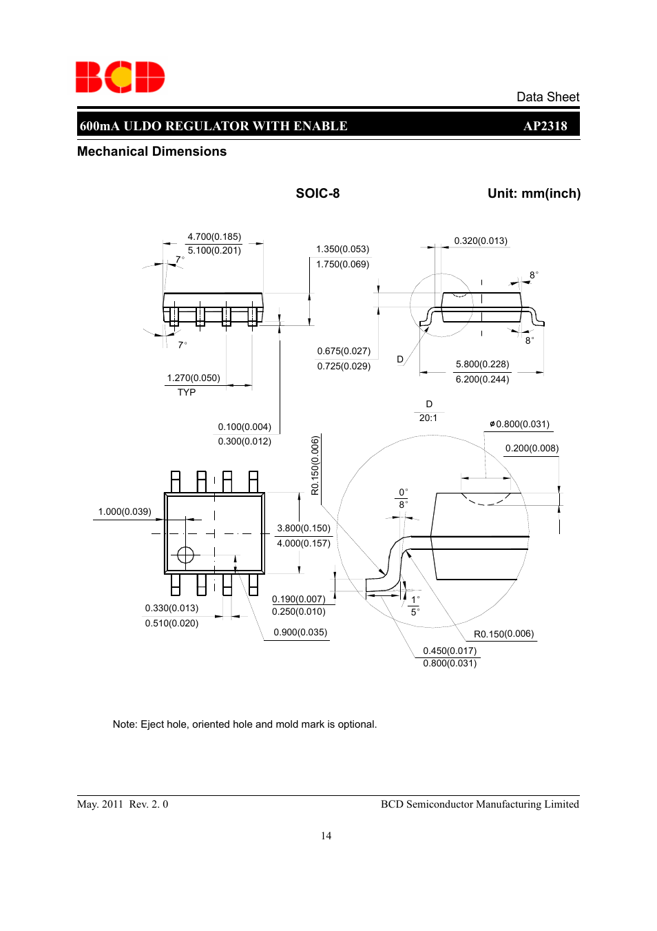 Mechanical dimensions unit: mm(inch) soic-8 | Diodes AP2318 User Manual | Page 14 / 16