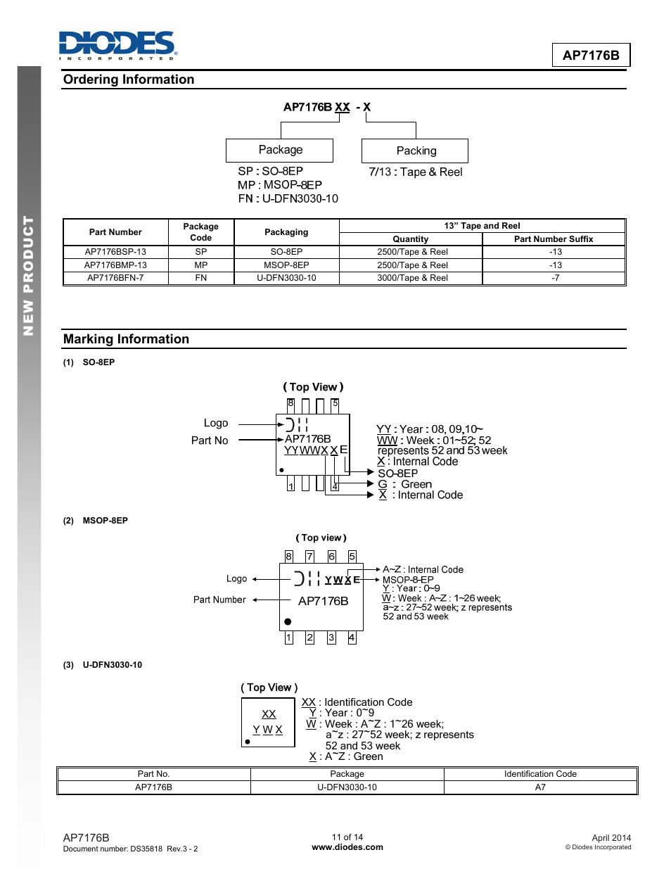 New prod uc t ap7176b ordering information, Marking information | Diodes AP7176B User Manual | Page 11 / 14