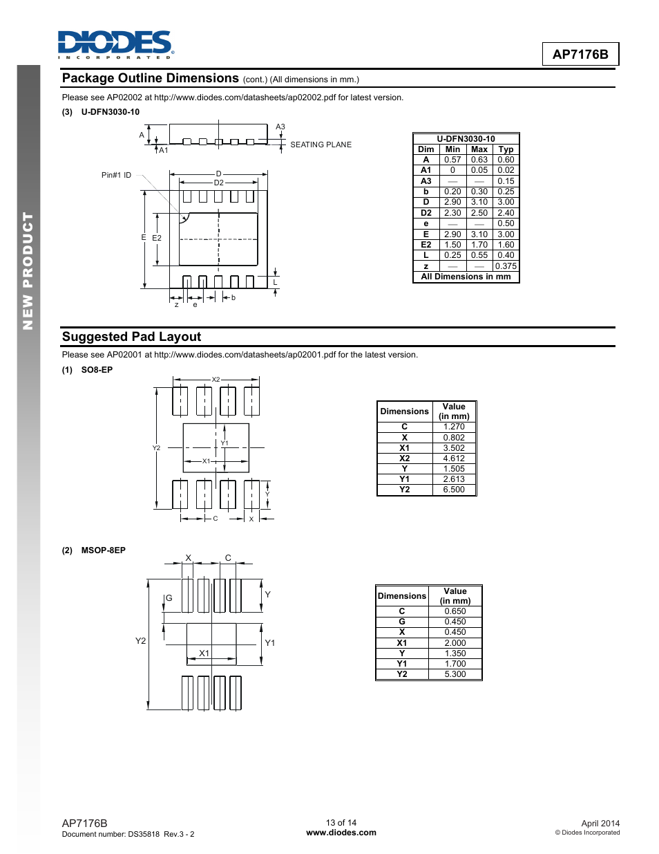 New prod uc t ap7176b package outline dimensions, Suggested pad layout | Diodes AP7176B User Manual | Page 13 / 14