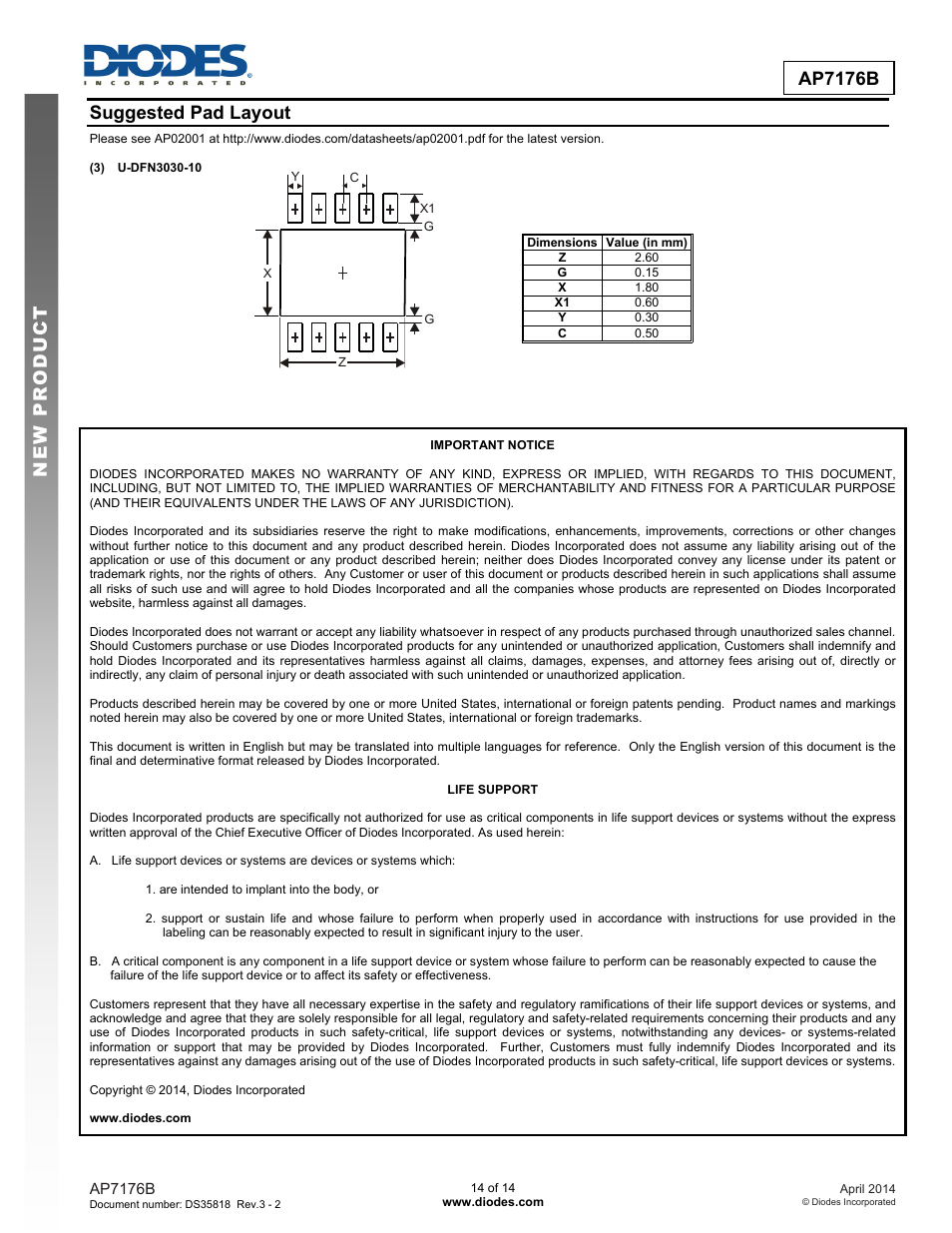 New prod uc t ap7176b suggested pad layout | Diodes AP7176B User Manual | Page 14 / 14