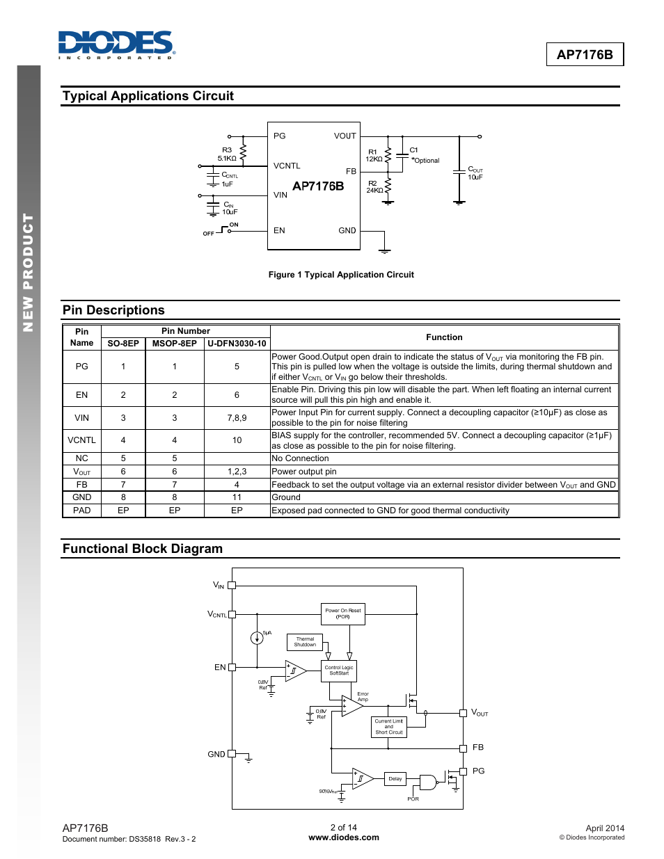 New prod uc t ap7176b, Typical applications circuit, Pin descriptions | Functional block diagram | Diodes AP7176B User Manual | Page 2 / 14
