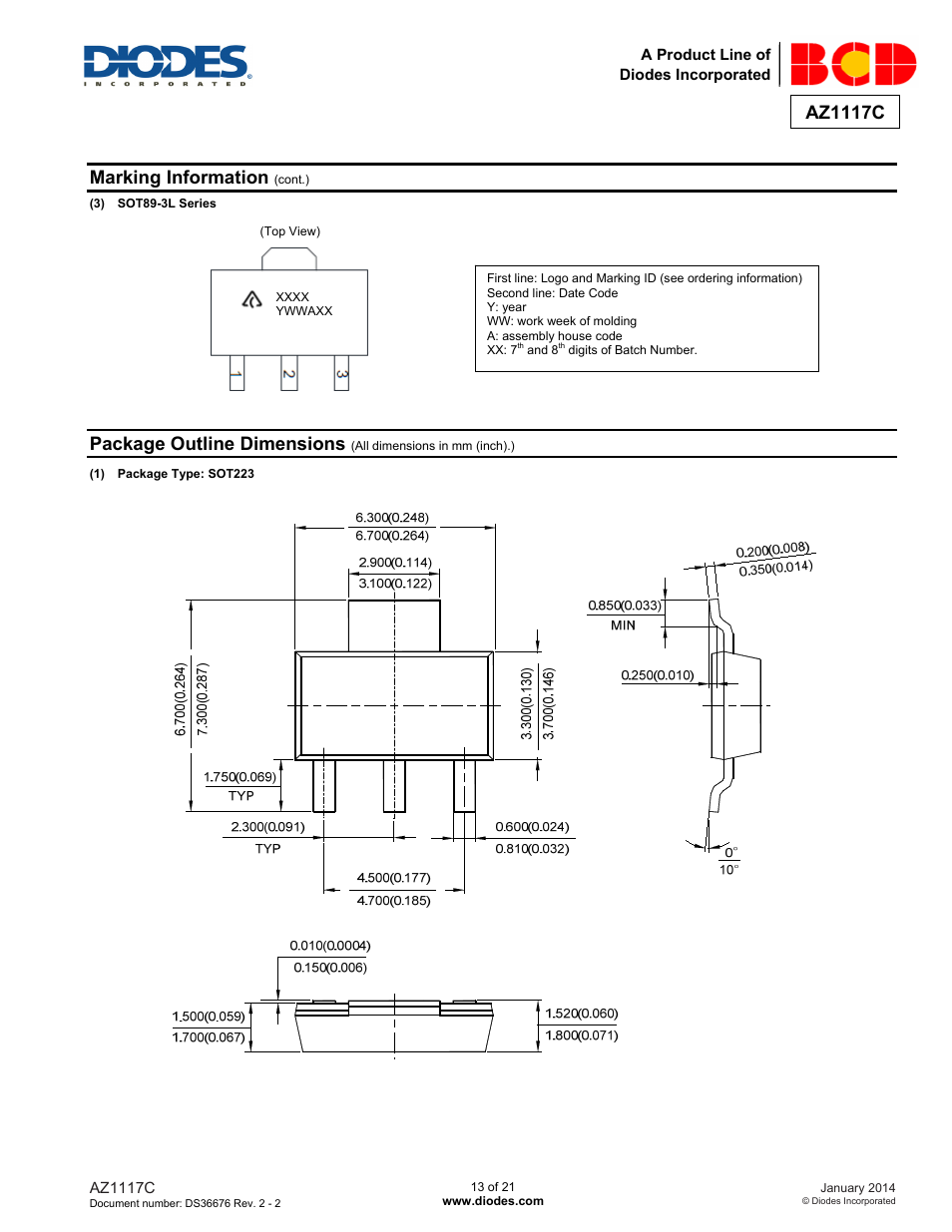 Az1117c, Marking information, Package outline dimensions | Diodes AZ1117C User Manual | Page 13 / 21