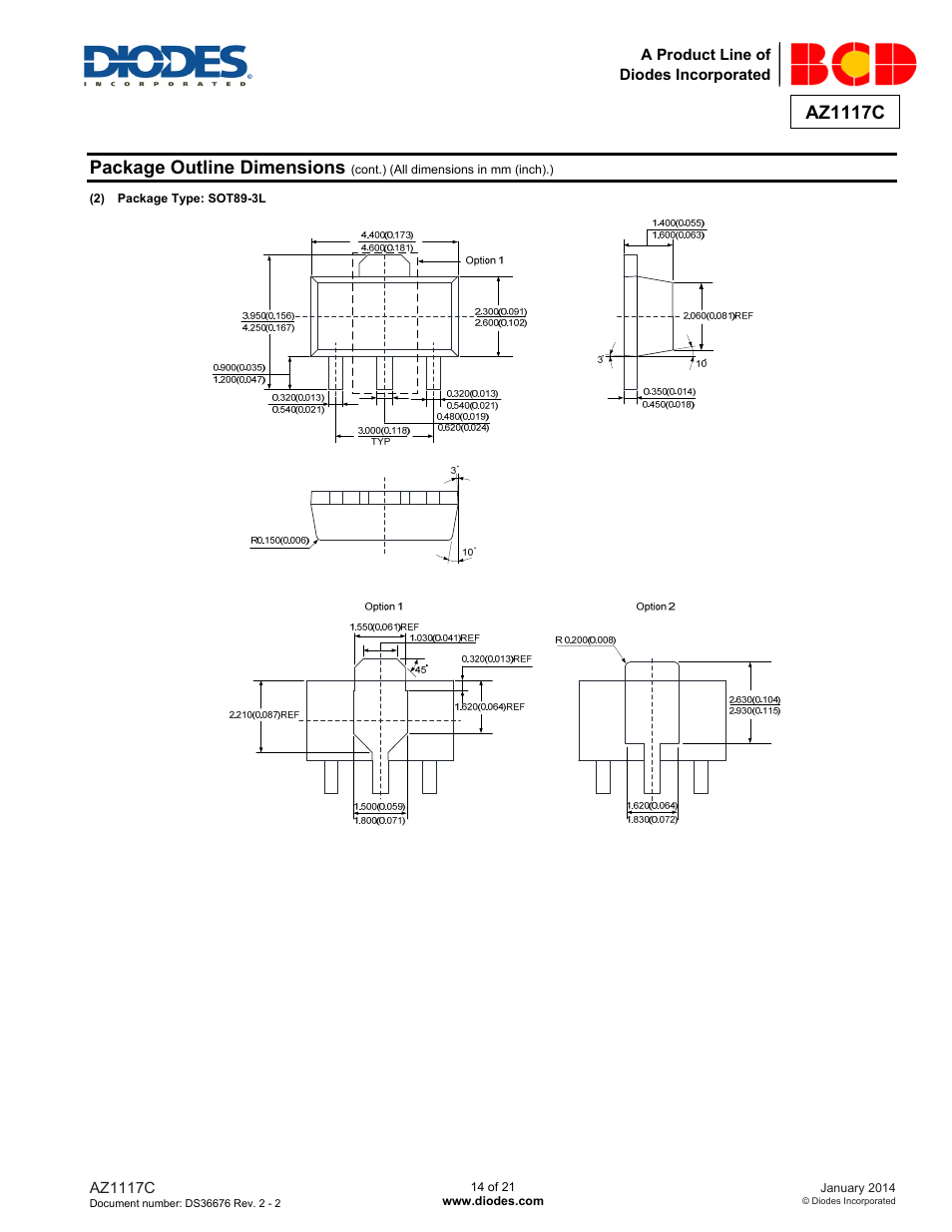 Az1117c, Package outline dimensions | Diodes AZ1117C User Manual | Page 14 / 21
