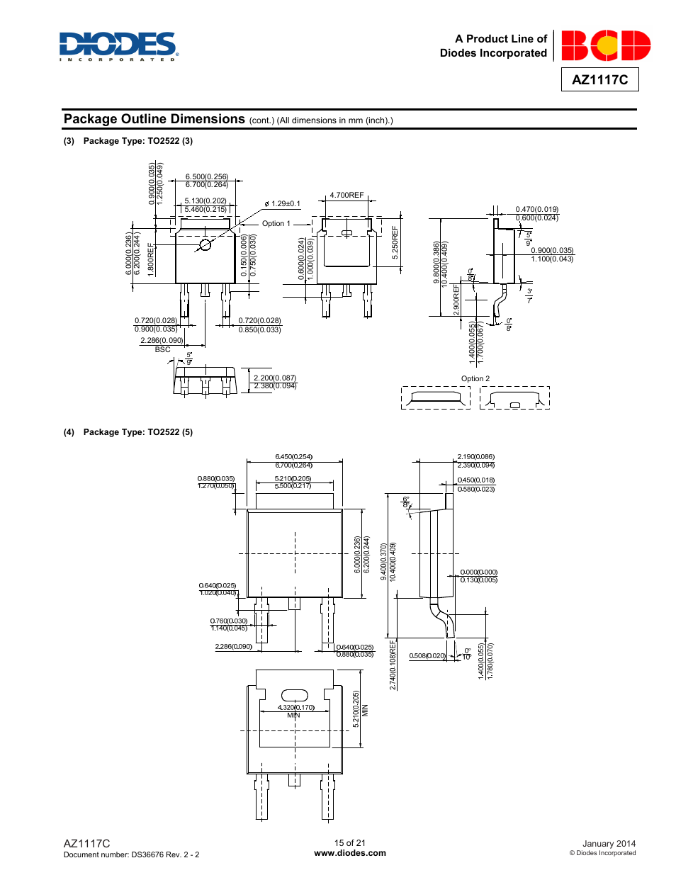 Package outline dimensions, Az1117c, A product line of diodes incorporated | Diodes AZ1117C User Manual | Page 15 / 21