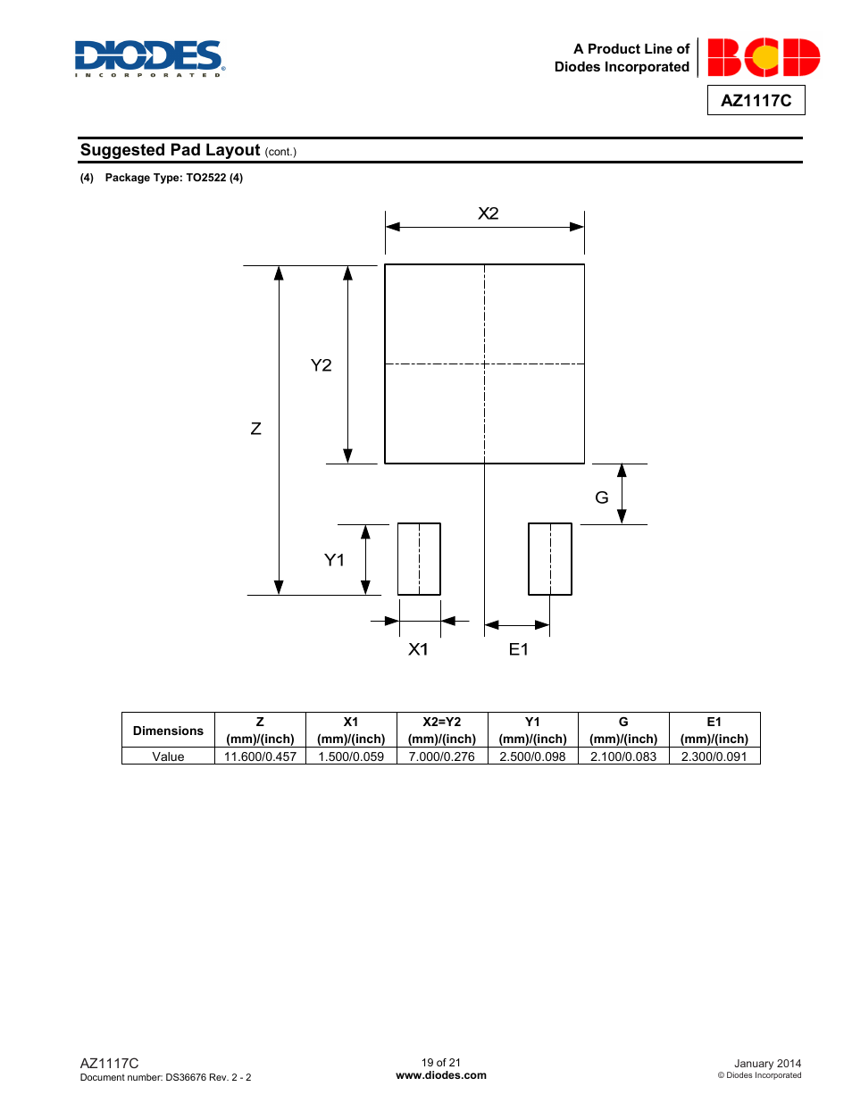 Az1117c, Suggested pad layout | Diodes AZ1117C User Manual | Page 19 / 21