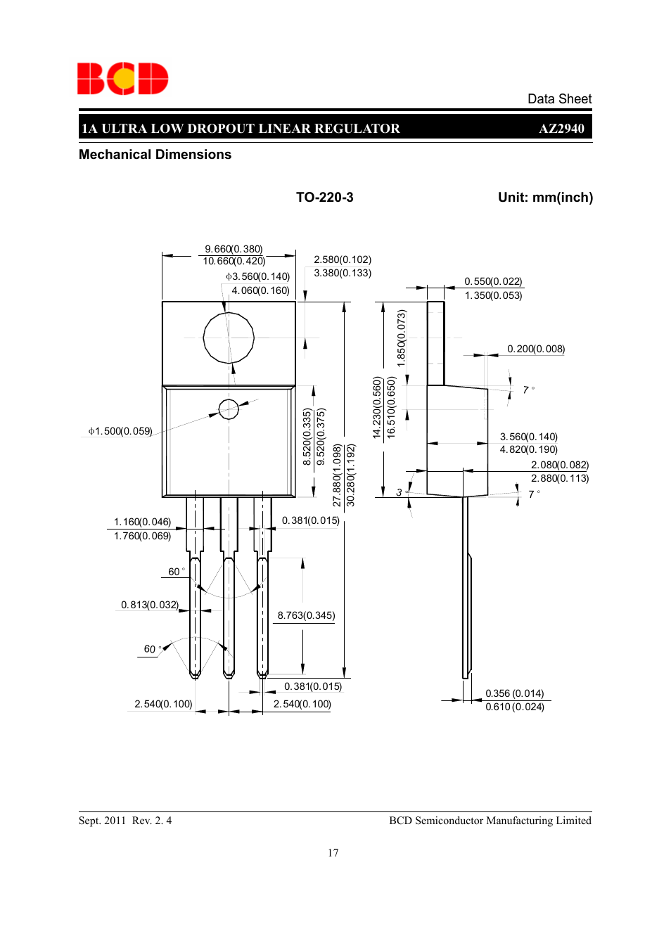 Mechanical dimensions to-220-3 unit: mm(inch) | Diodes AZ2940 User Manual | Page 17 / 22