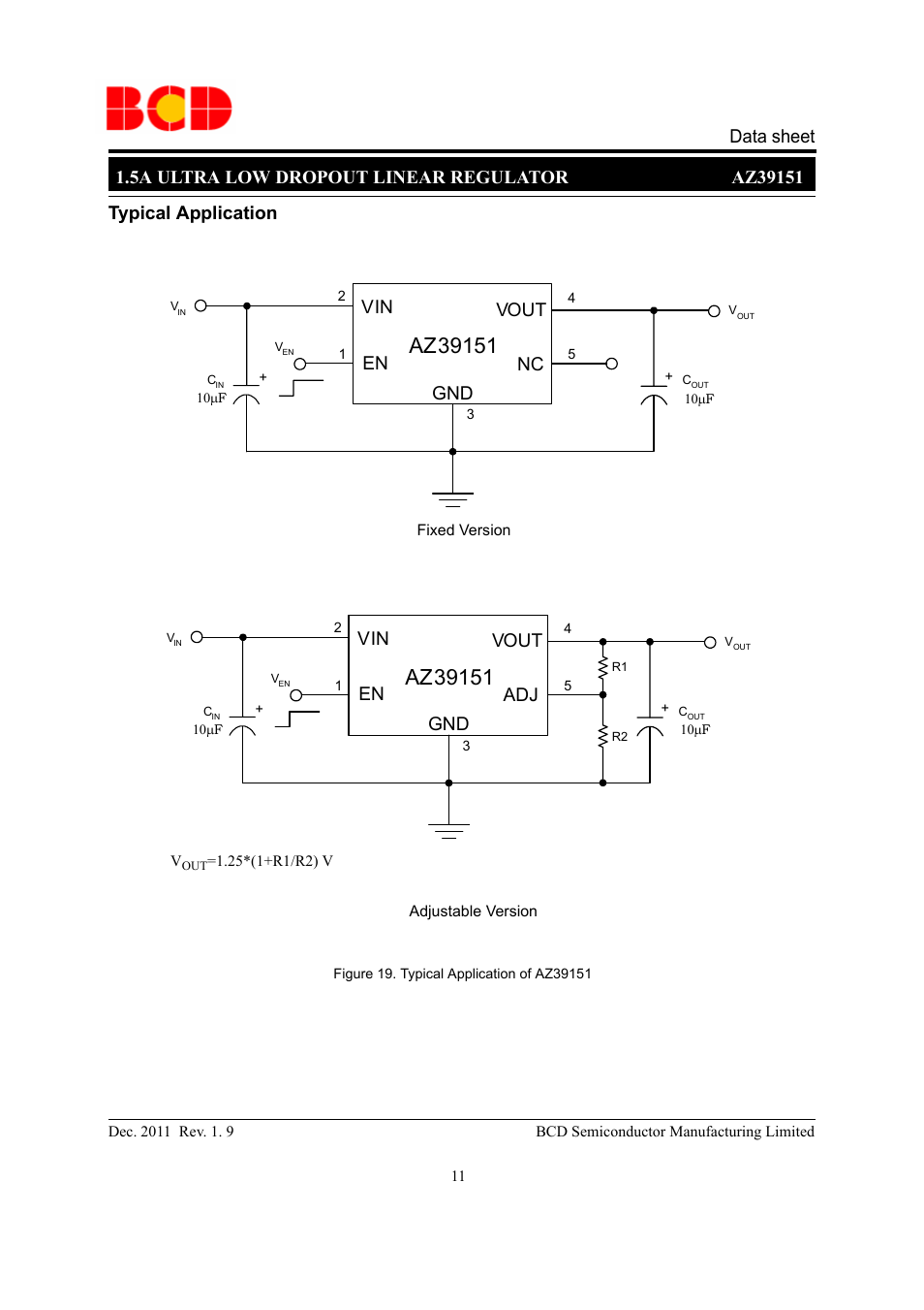 Typical application, Vout gnd, Vin en adj | Vin en nc | Diodes AZ39151 User Manual | Page 11 / 14