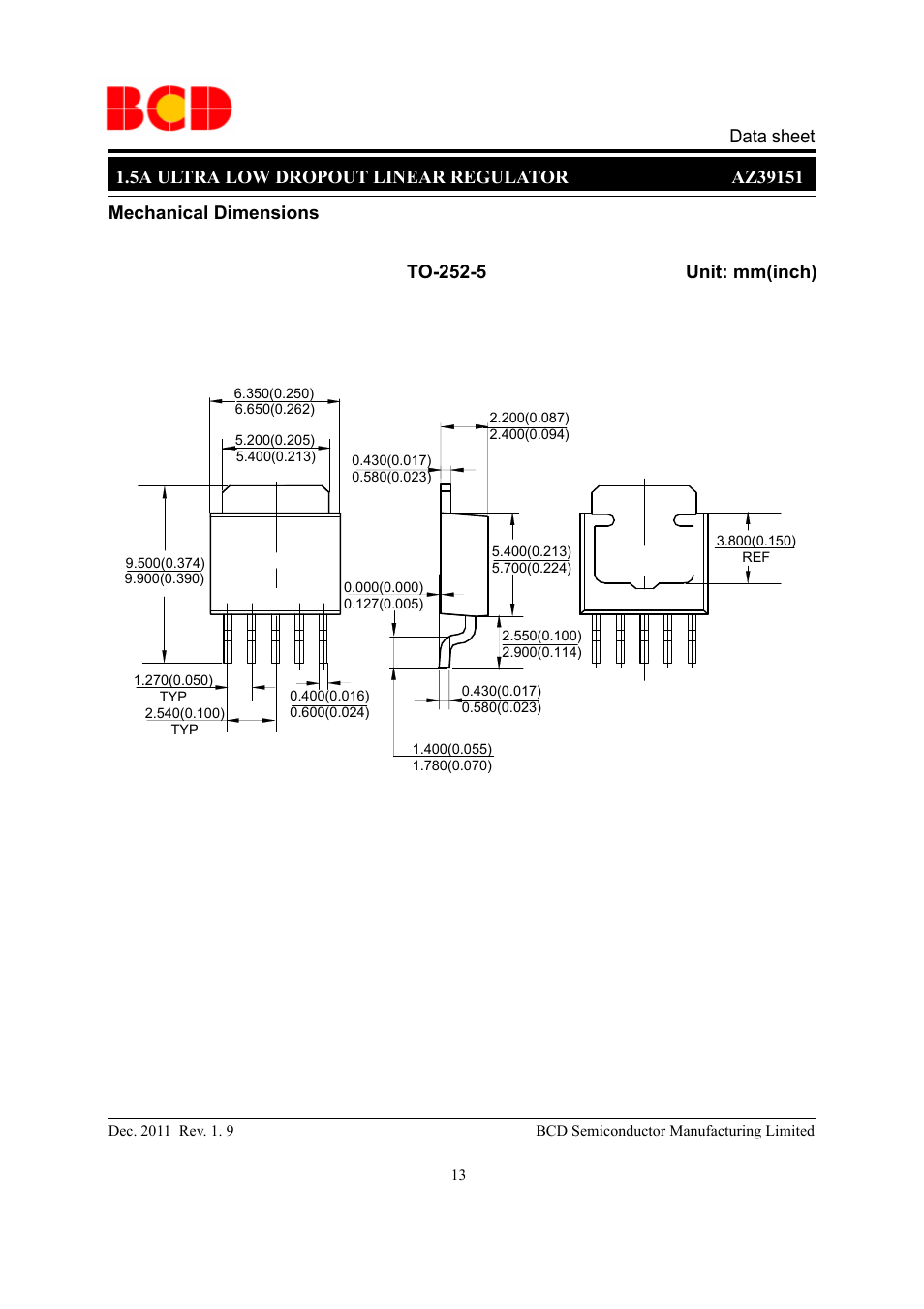 Mechanical dimensions to-252-5 unit: mm(inch) | Diodes AZ39151 User Manual | Page 13 / 14