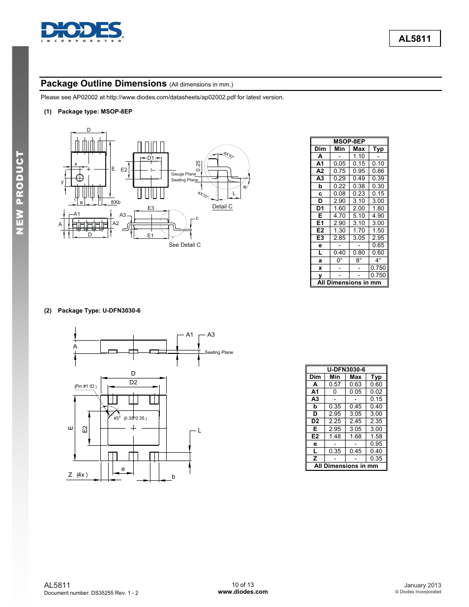 New prod uc t al5811, Package outline dimensions | Diodes AL5811 User Manual | Page 10 / 13