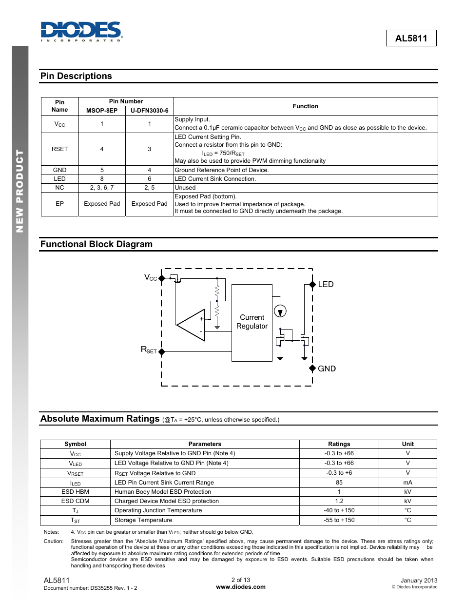 New prod uc t al5811, Pin descriptions, Functional block diagram | Absolute maximum ratings | Diodes AL5811 User Manual | Page 2 / 13