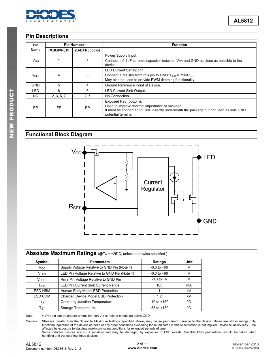 New prod uc t al5812, Pin descriptions, Functional block diagram | Absolute maximum ratings | Diodes AL5812 User Manual | Page 2 / 11