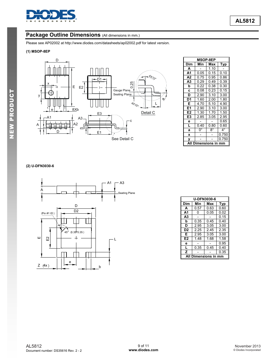 New prod uc t al5812, Package outline dimensions | Diodes AL5812 User Manual | Page 9 / 11