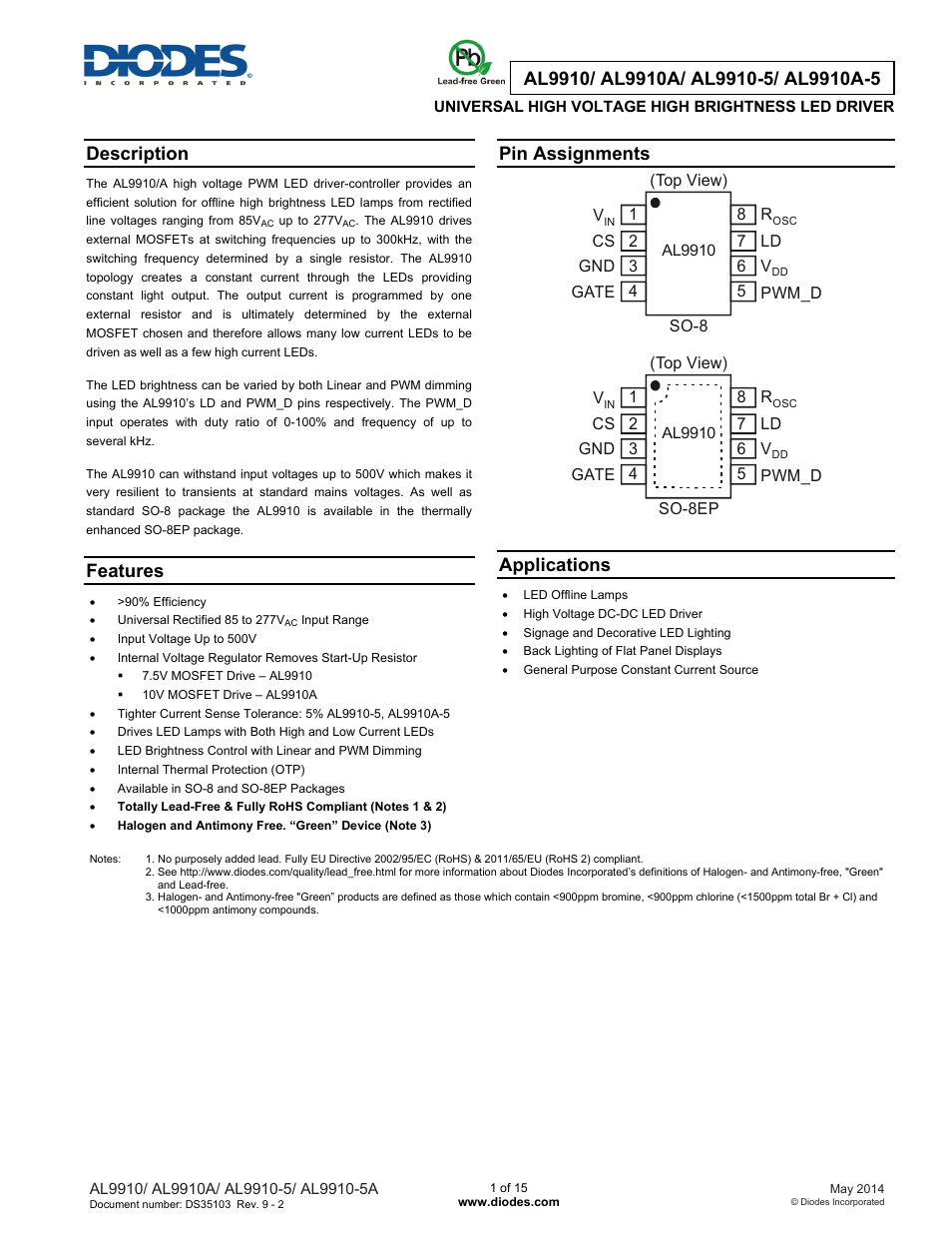 Diodes AL9910/ AL9910A/ AL9910-5/ AL9910A-5 User Manual | 15 pages