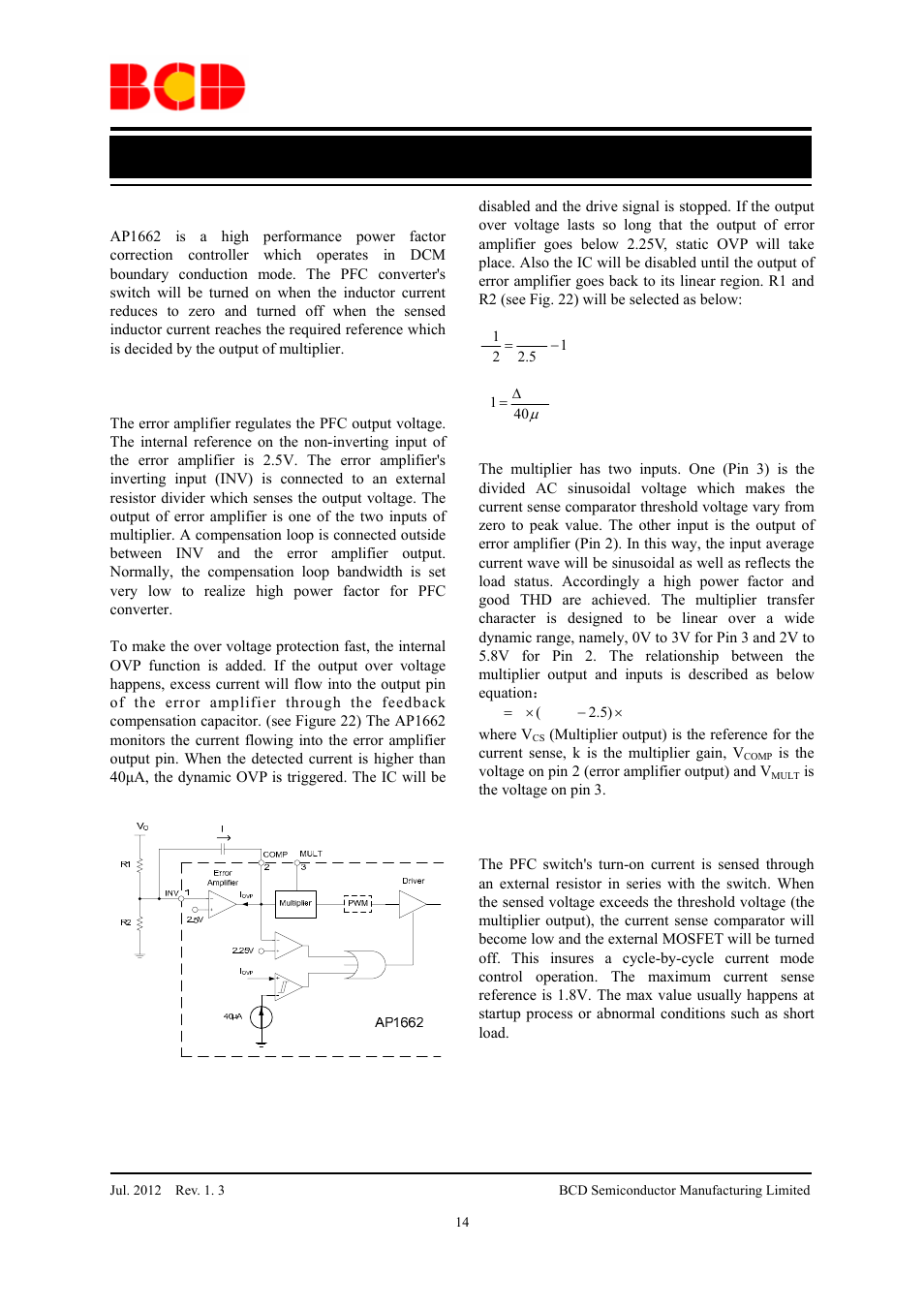 Data sheet, High performance power factor corrector ap1662, Functional block description | Error amplifier and over-voltage protection, Multiplier, Current sense/current sense comparator | Diodes AP1662 User Manual | Page 14 / 18