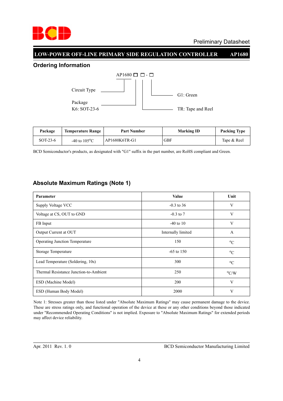 Preliminary datasheet, Ordering information | Diodes AP1680 User Manual | Page 4 / 9