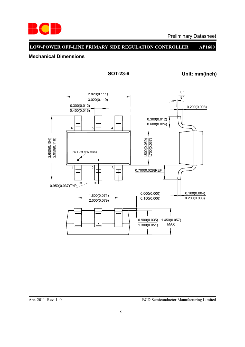 Preliminary datasheet, Mechanical dimensions unit: mm(inch) sot-23-6 | Diodes AP1680 User Manual | Page 8 / 9