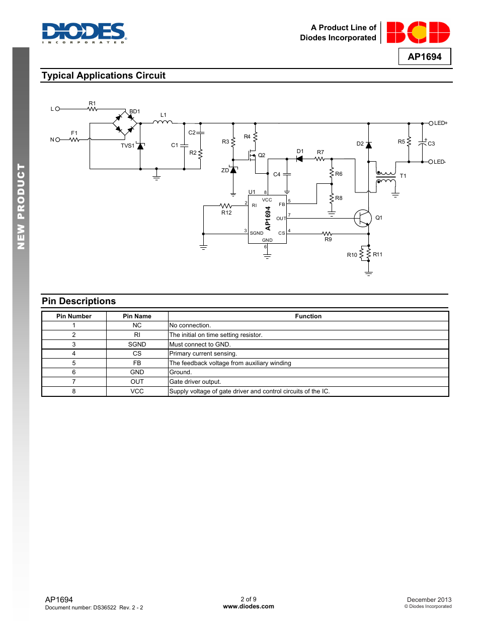 Ap1694, New prod uc t typical applications circuit, Pin descriptions | Diodes AP1694 User Manual | Page 2 / 9