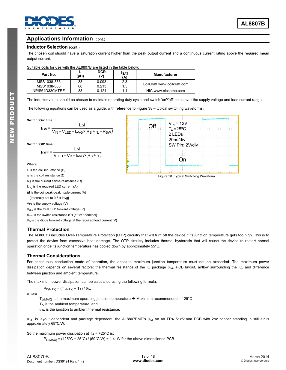 New prod uc t al8807b, Applications information, On off | Diodes AL8807B User Manual | Page 13 / 18
