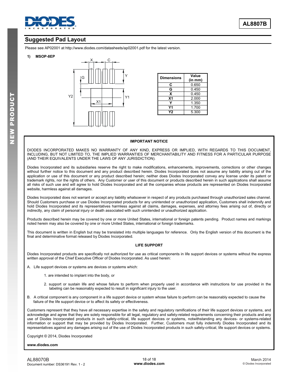 New prod uc t al8807b, Suggested pad layout | Diodes AL8807B User Manual | Page 18 / 18