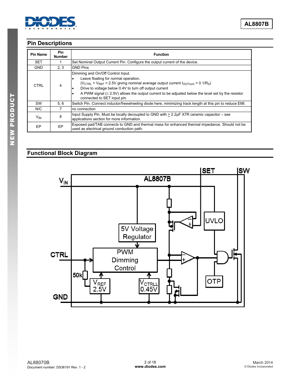 New prod uc t al8807b, Pin descriptions, Functional block diagram | Diodes AL8807B User Manual | Page 2 / 18