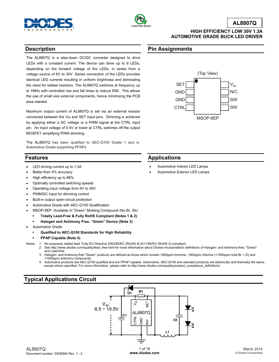 Diodes AL8807Q User Manual | 16 pages