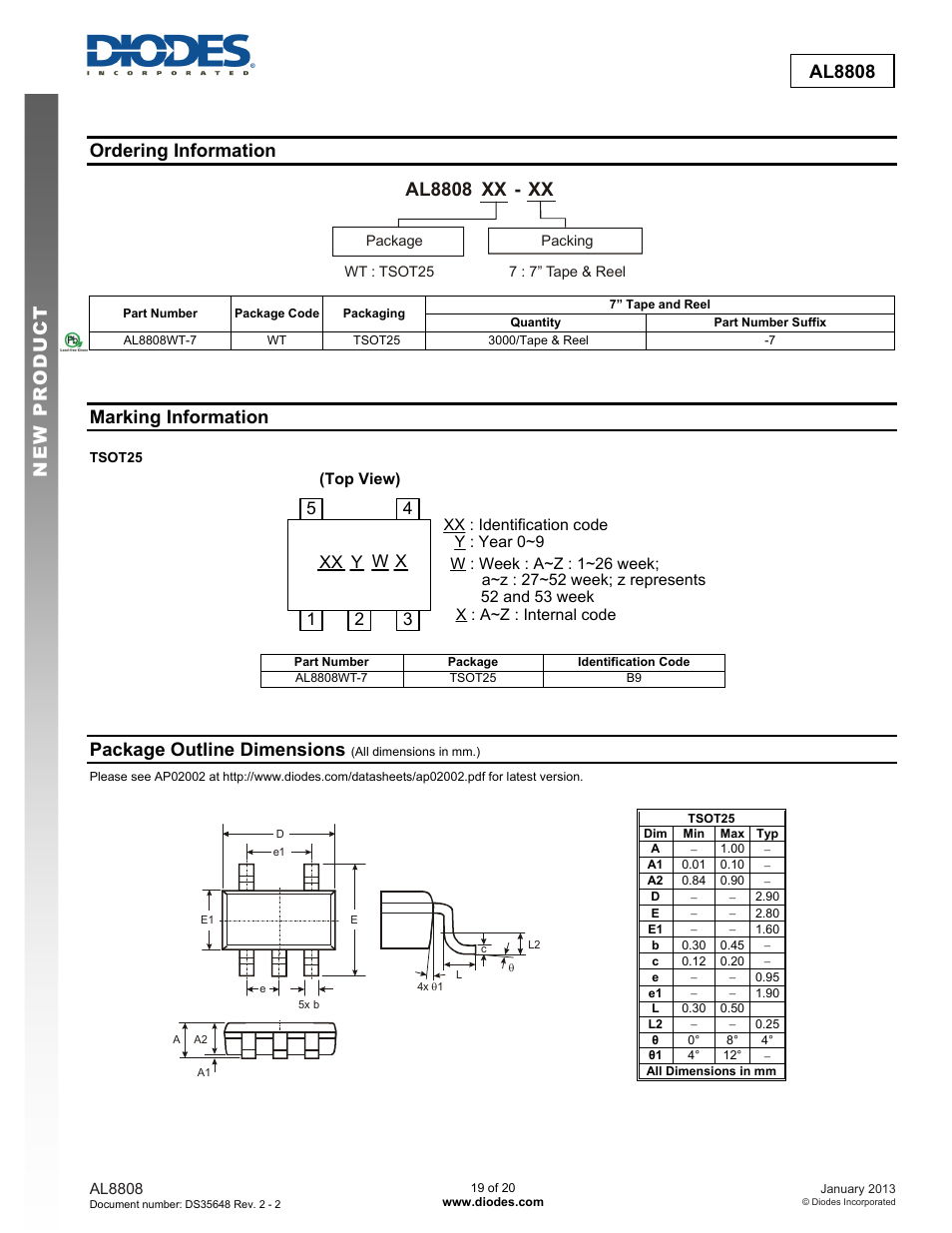 Al8808 xx xx, New prod uc t al8808, Ordering information | Marking information, Package outline dimensions, 4xx y w x | Diodes AL8808 User Manual | Page 19 / 20
