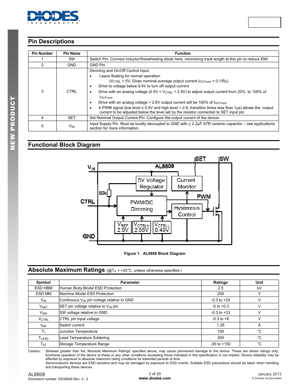 New prod uc t, Pin descri, Functiona | Absolute m, Iptions, Al block dia maximum, Agram, Ratings, Al8808 | Diodes AL8808 User Manual | Page 2 / 20
