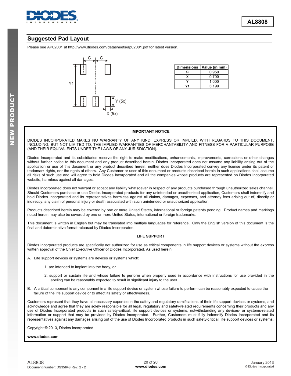 New prod uc t al8808, Suggested pad layout | Diodes AL8808 User Manual | Page 20 / 20