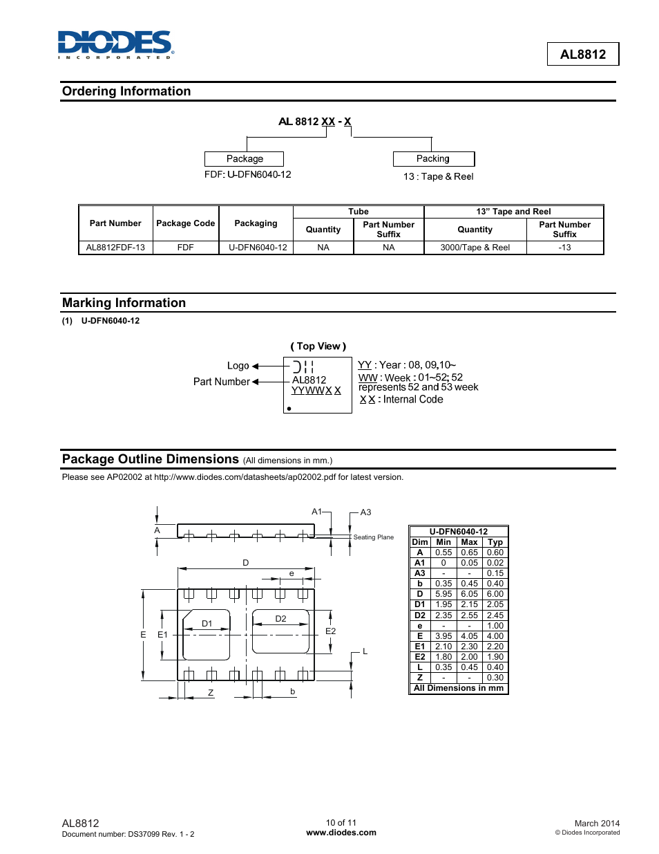 Al8812, Ordering information, Marking information | Package outline dimensions | Diodes AL8812 User Manual | Page 10 / 11
