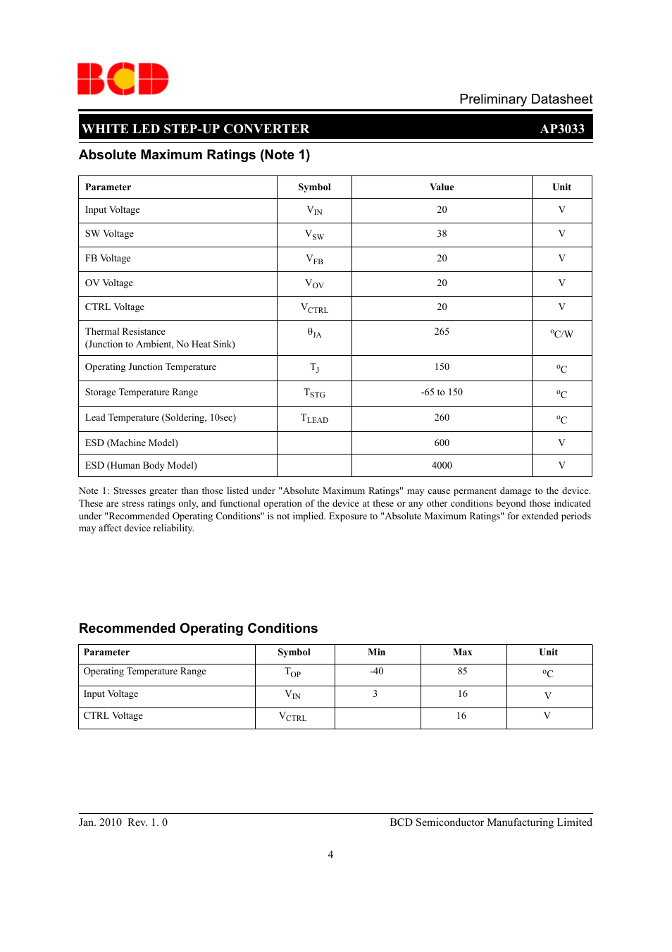 Preliminary datasheet, White led step-up converter ap3033 | Diodes AP3033 User Manual | Page 4 / 13