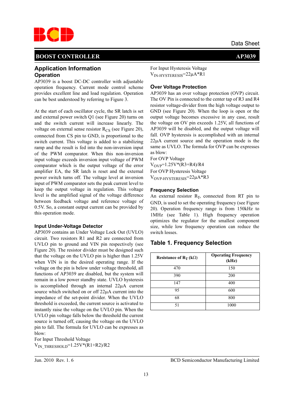 Boost controller ap3039 data sheet, Application information, Table 1. frequency selection | Diodes AP3039 User Manual | Page 13 / 19