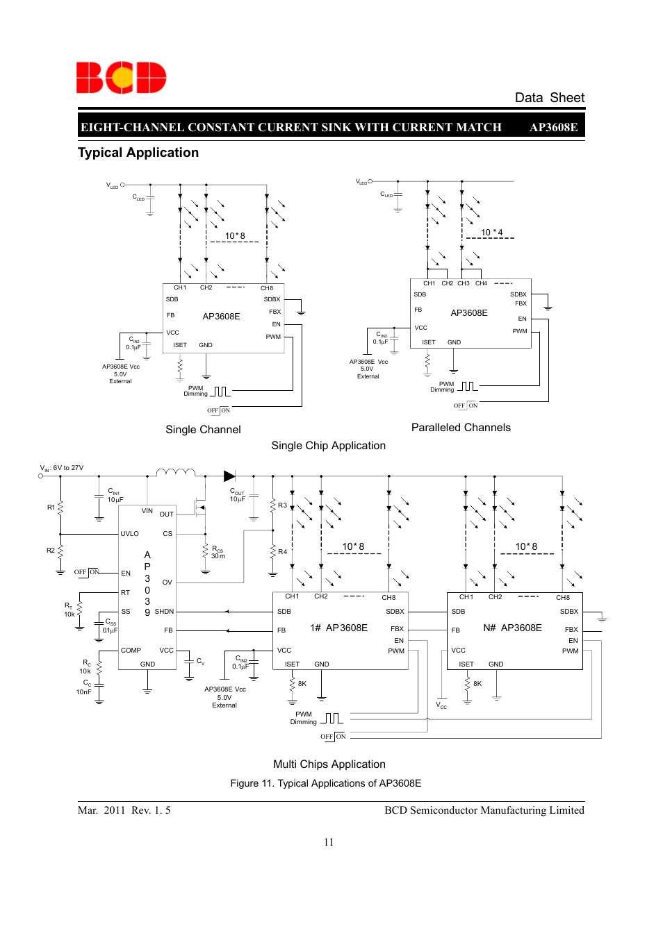 Data sheet typical application, Single chip application, Multi chips application | Single channel paralleled channels, A p 3 0 3 9, N# ap3608e | Diodes AP3608E User Manual | Page 11 / 15