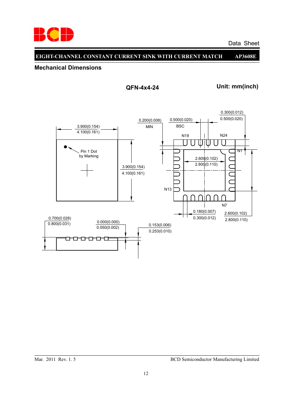 Data sheet, Mechanical dimensions qfn-4x4-24 unit: mm(inch) | Diodes AP3608E User Manual | Page 12 / 15