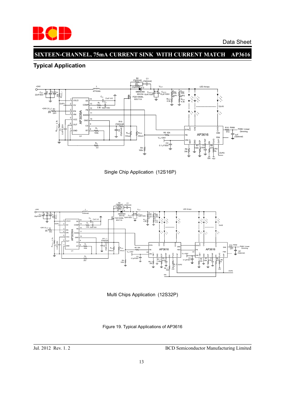 Data sheet, Typical application, 13 bcd semiconductor manufacturing limited | Single chip application (12s16p), Multi chips application (12s32p), Ap30 39a, Ap30 39 a, Ap3616 | Diodes AP3616 User Manual | Page 13 / 16