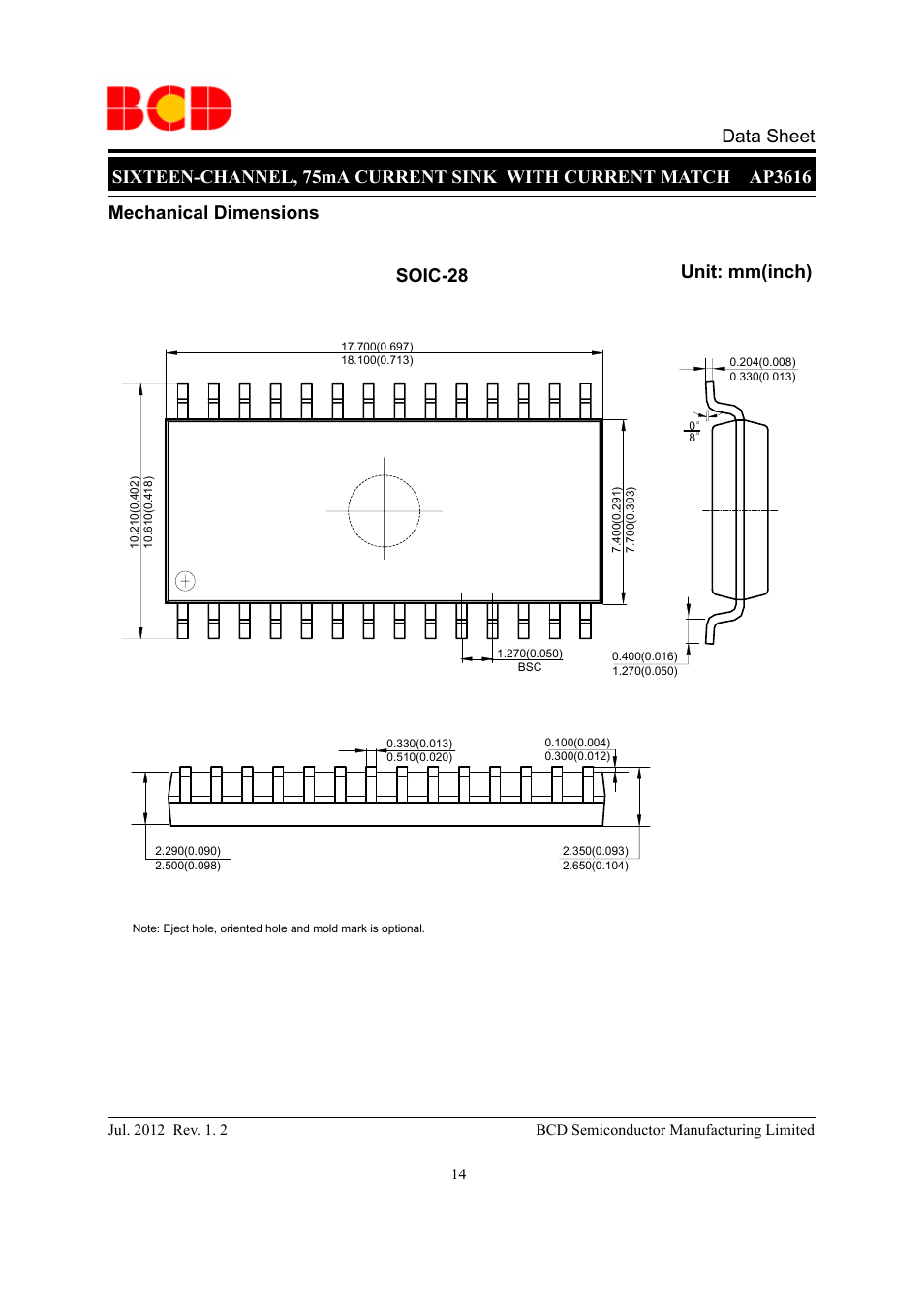 Mechanical dimensions soic-28 unit: mm(inch) | Diodes AP3616 User Manual | Page 14 / 16