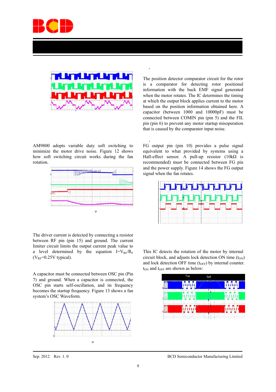 Data sheet, Application information (continued), And lock detection off time (t | By internal counter. t, And t, Are shown as below | Diodes AM9800 User Manual | Page 9 / 11