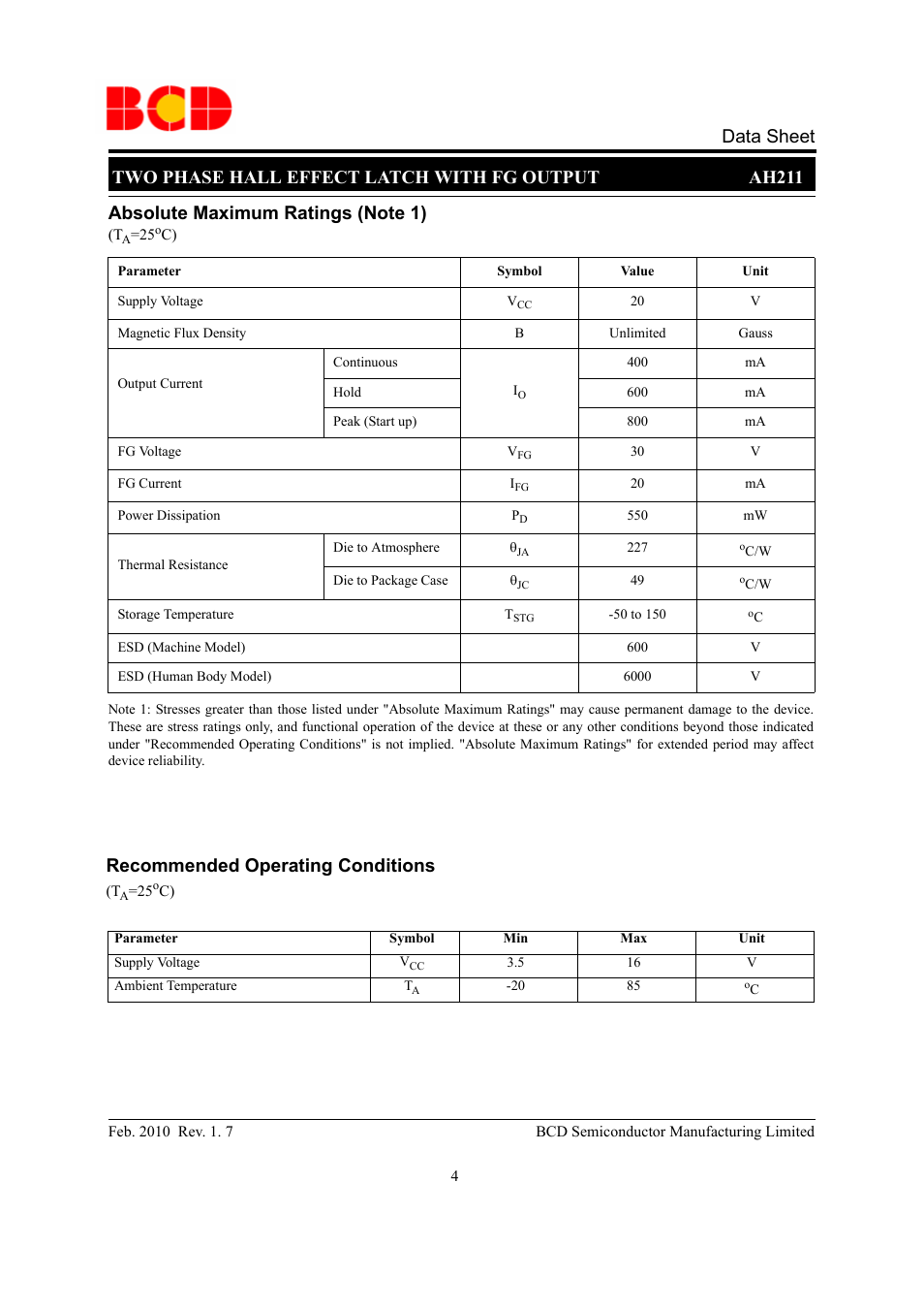 Two phase hall effect latch with fg output ah211, Data sheet | Diodes AH211 User Manual | Page 4 / 11