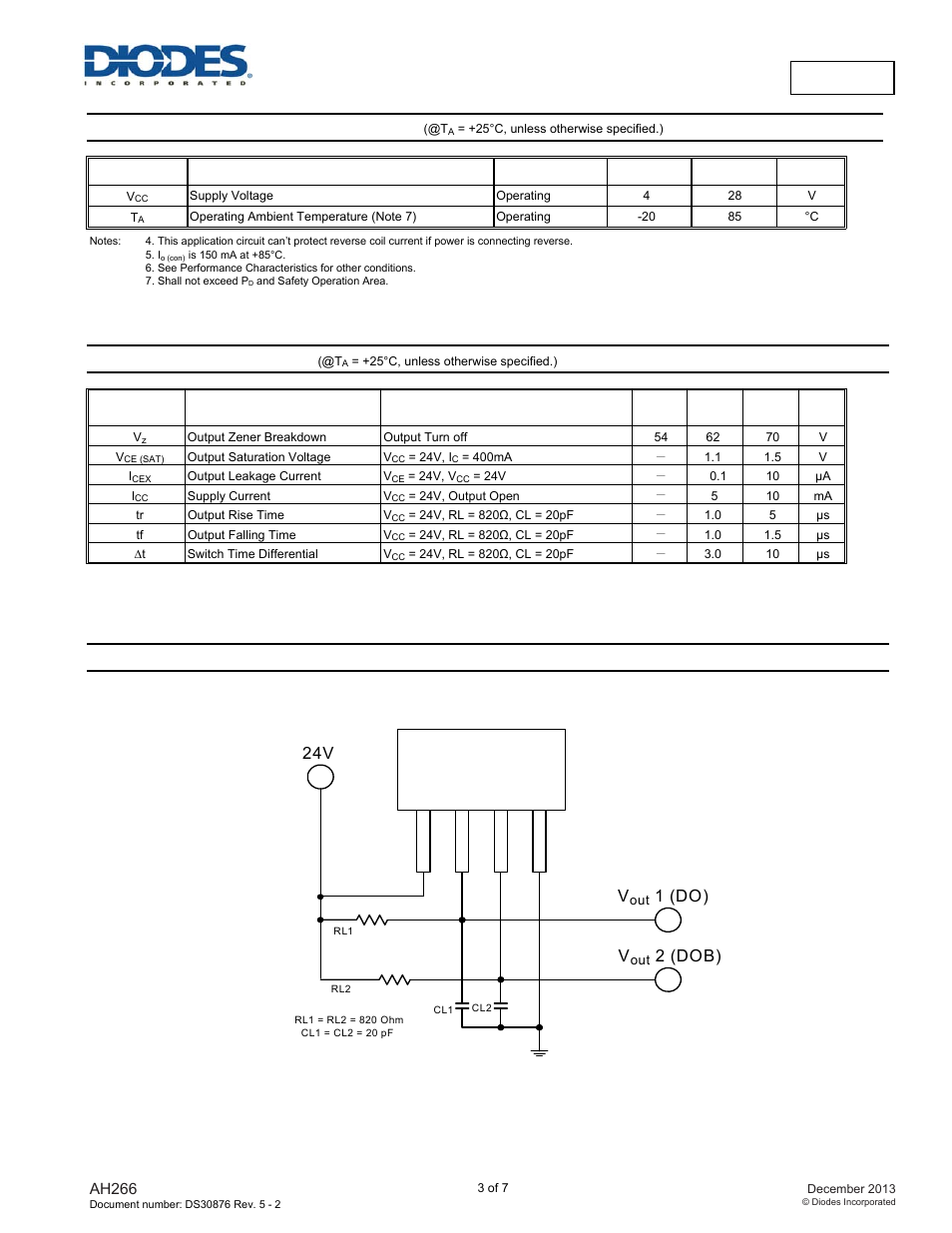 Ah266, Recommended operating conditions, Electrical characteristics | Test circuit, 24v v, 1 (do) v, 2 (dob) | Diodes AH266 User Manual | Page 3 / 7